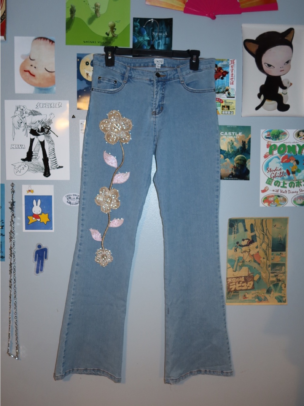 Y2K Cache Light Blue Flare Jeans with Sequin Floral Applique